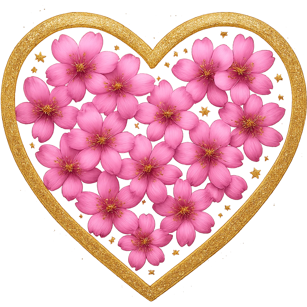 Add a shimmer effect to the gold and silver sparkles on the heart surrounded by sakura petals in the style of apple emojis, no background. emoji