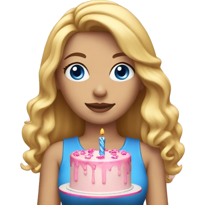 Woman with long blonde hair and blue eyes holding a pink birthday cake  emoji