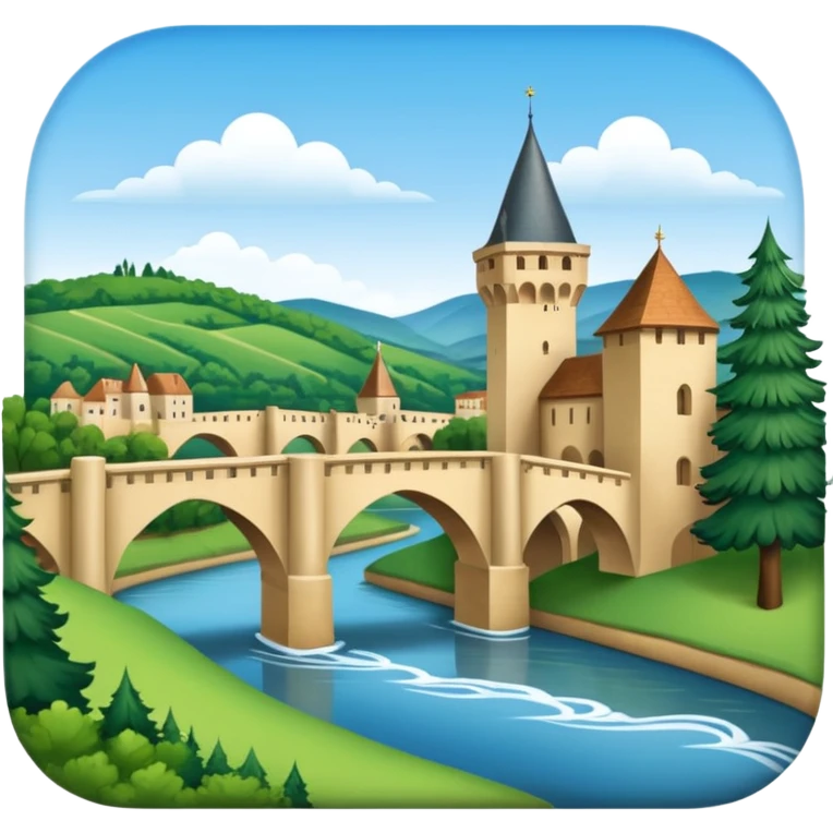 emoji of the city of Mont-de-Marsan featuring iconic elements like the confluence of rivers, medieval bridge, and Landes pine trees emoji