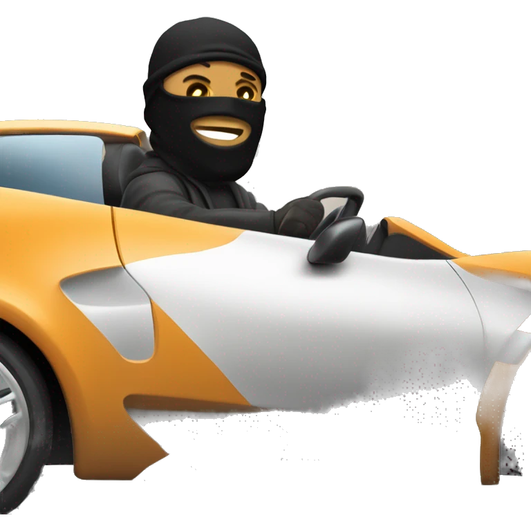 Roadman wearing a ski mask driving a sports car. The car is sleek and fast, with the driver looking focused and tough. Urban background, with motion blur to emphasize speed emoji
