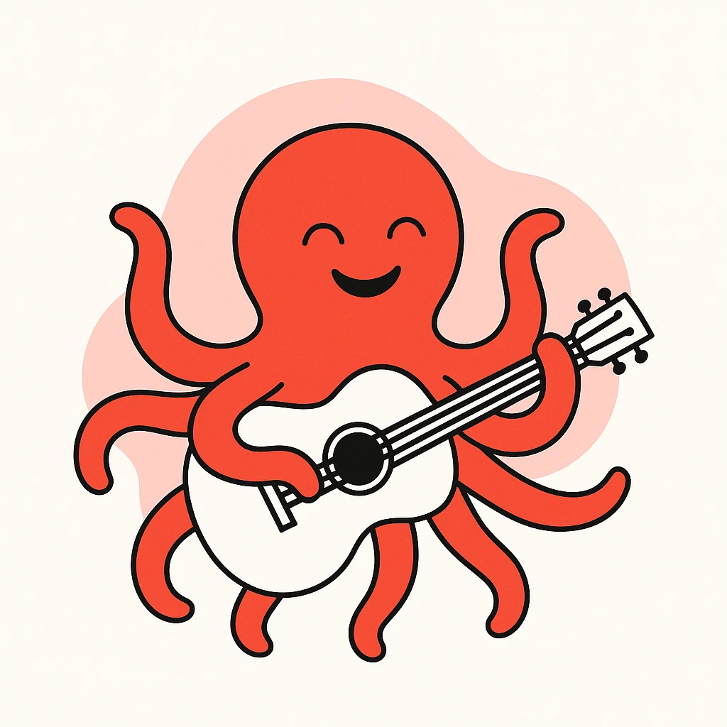 happy octopus with multiple arms playing guitar emoji