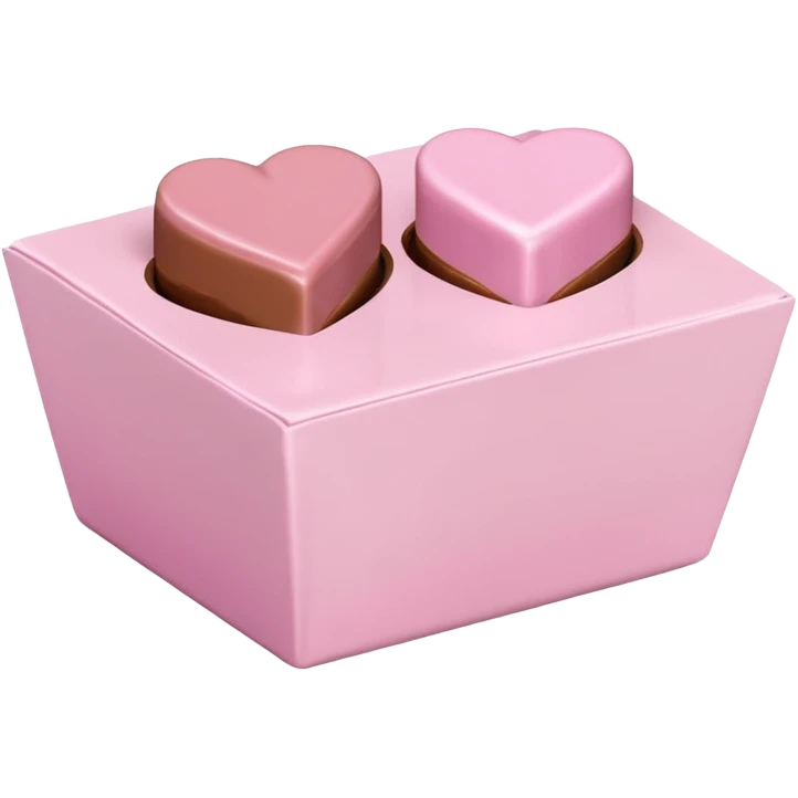 Two square milk chocolate , Each praline is a sharp-edged cube with smooth glossy chocolate coating, placed in a small white fluted paper candy cup. On top of each cube is a flat pastel pink heart-shaped icing emoji