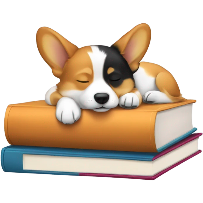 Tri-color corgi sleeping on a stack of books emoji