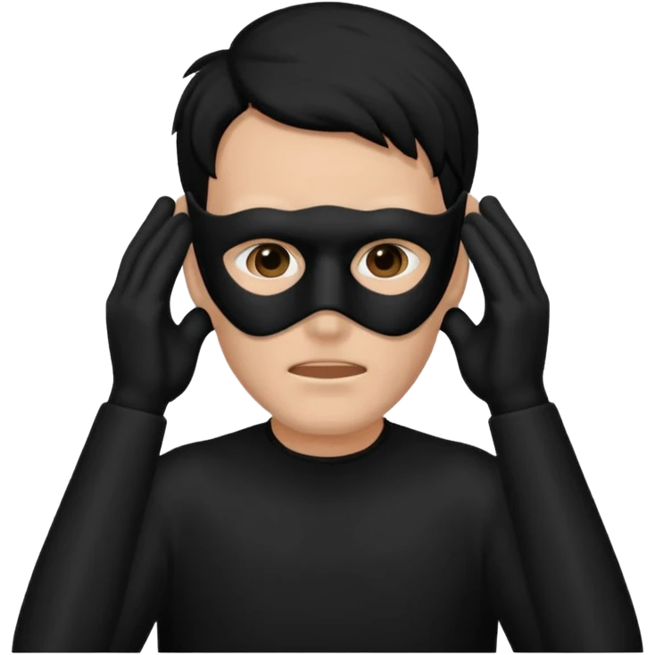 a man in a black mask without eyes and a mouth covers his ears emoji