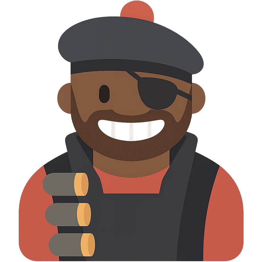 Team Fortress 2 Demoman, grinning, with a Scottish cap and bandolier, stylized as a modern game icon emoji
