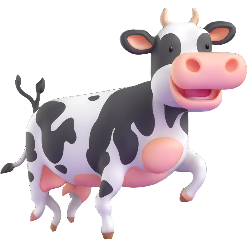 black and white cow jumping in a grass field emoji