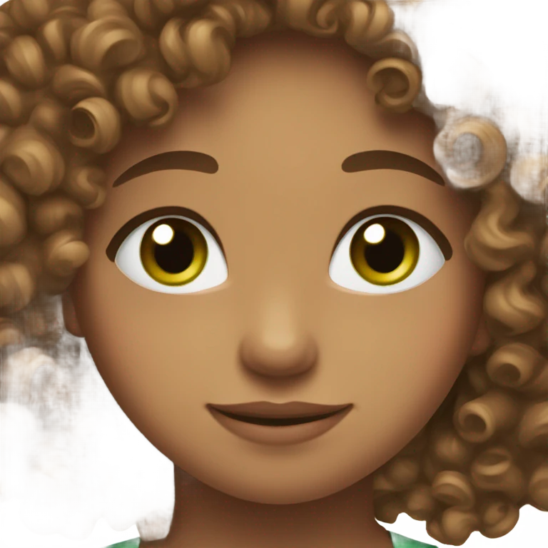 Brown curly hair, green eyes, rosy cheeks emoji