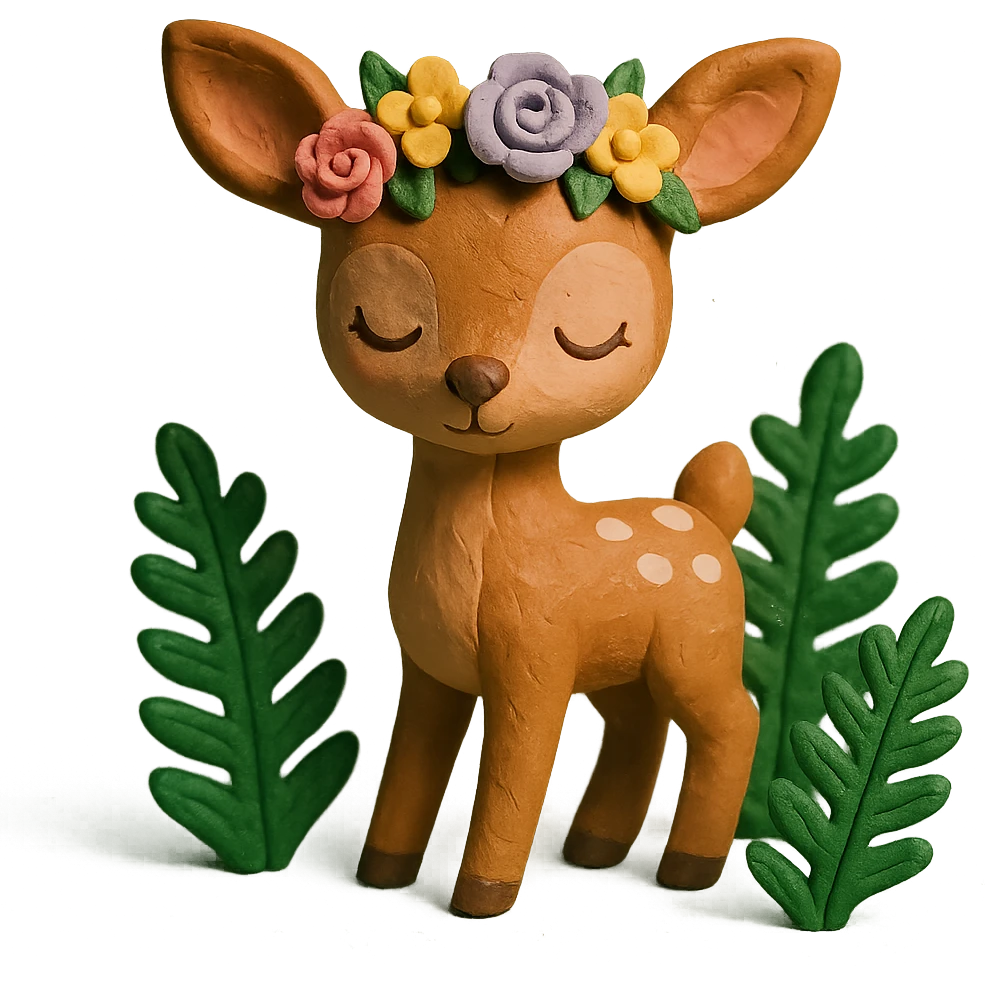 baby deer with a flower crown, surrounded by ferns, claymation style emoji