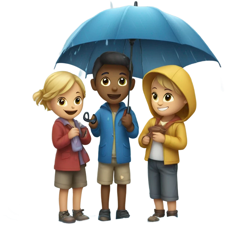 3 kids with a umbrella playing with a paper ship in the rain emoji