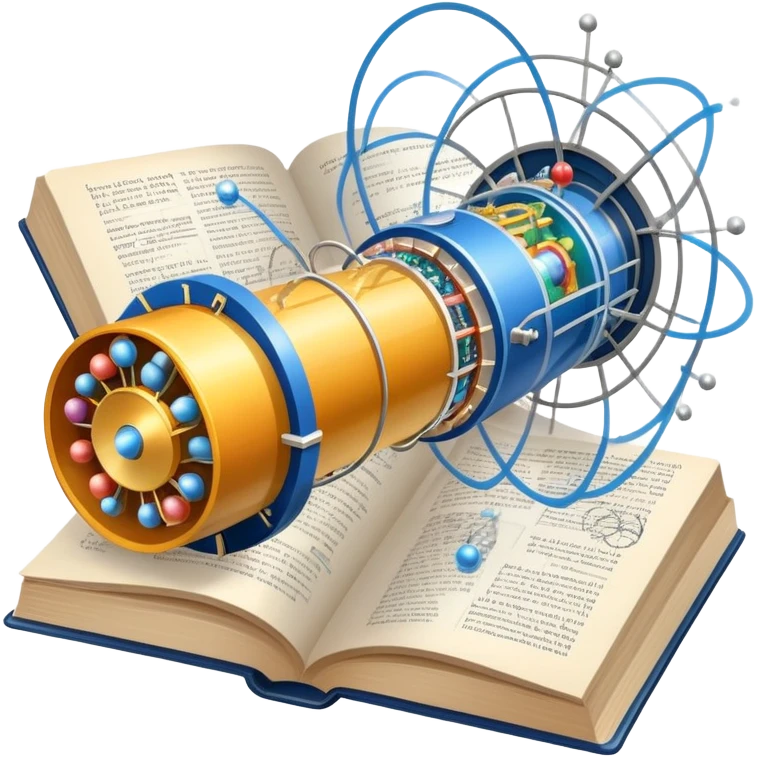 An icon featuring a physics textbook, a large Hadron Collider with particles flying off, symbolizing the study of physics. The design includes atomic models, energy waves, and scientific formulas, representing fundamental physical principles and research. Transparent background. emoji