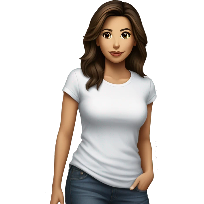 3/4 face, contrasted, shadow, light, Eva Longoria expression, standing from a distance, thin nose, brunette woman, hazel eyes, long eyelashes, dark shoulder shaded hair, white t-shirt, jeans, white sneakers emoji