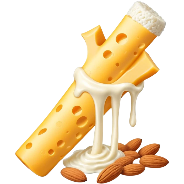 A glowing white bone surrounded by calcium-rich foods: shredded cheese, natural yogurt, sesame seeds and almonds beside a single bone emoji