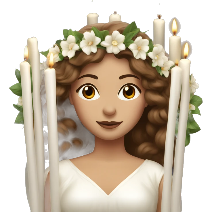 brown haired women with white gown and long white candles spur wreath on head emoji