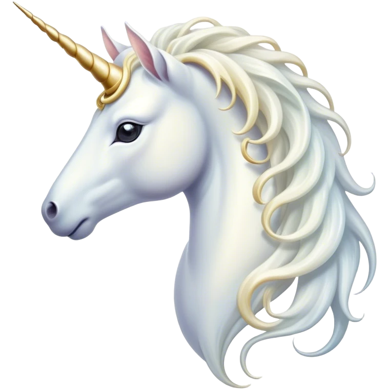 Cinematic Noble White Unicorn Portrait Emoji, Poised and regal, with a slender, ethereal form draped in a pristine white color, a flowing mane and tail, and a glistening, spiraled horn that radiates pure light, Simplified yet sharp and sophisticated features, highly detailed, glowing with a soft, iridescent luminescence, high shine, intelligent and transcendent, stylized with an air of mythical enchantment, focused and serene, soft glowing outline, capturing the essence of a watchful and confident white unicorn that appears ready to prance out of the screen with magical grace! emoji