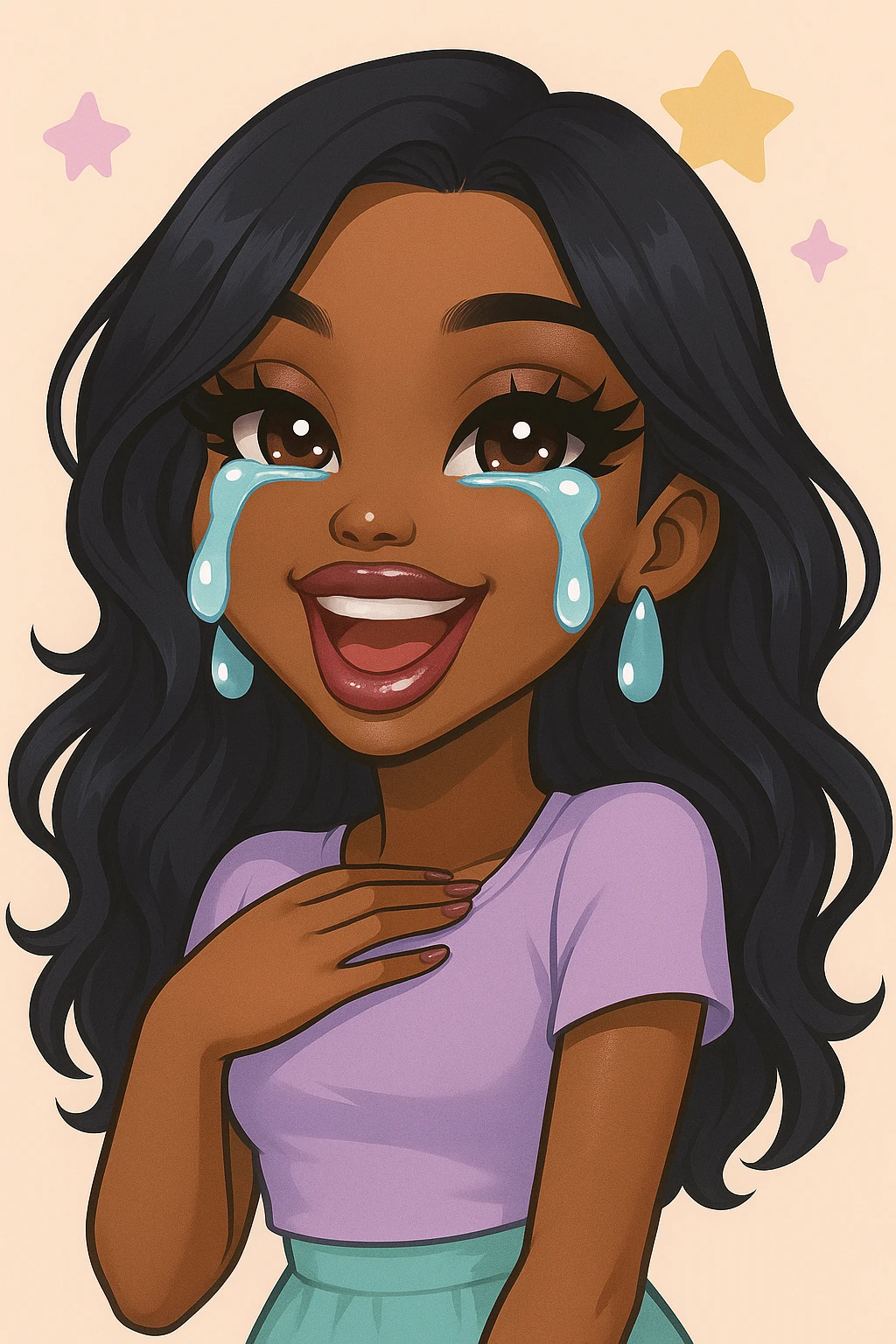 Make the character look like a 20-year-old woman in anime Bratz style with dark skin, dark hair, crying laughing expression, big expressive eyes, and glossy lips. emoji