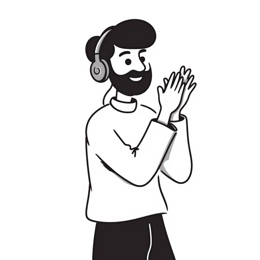 Anime style man with black hair, brown eyes, and black beard wearing gaming headset and clapping in celebration, anime art style emoji