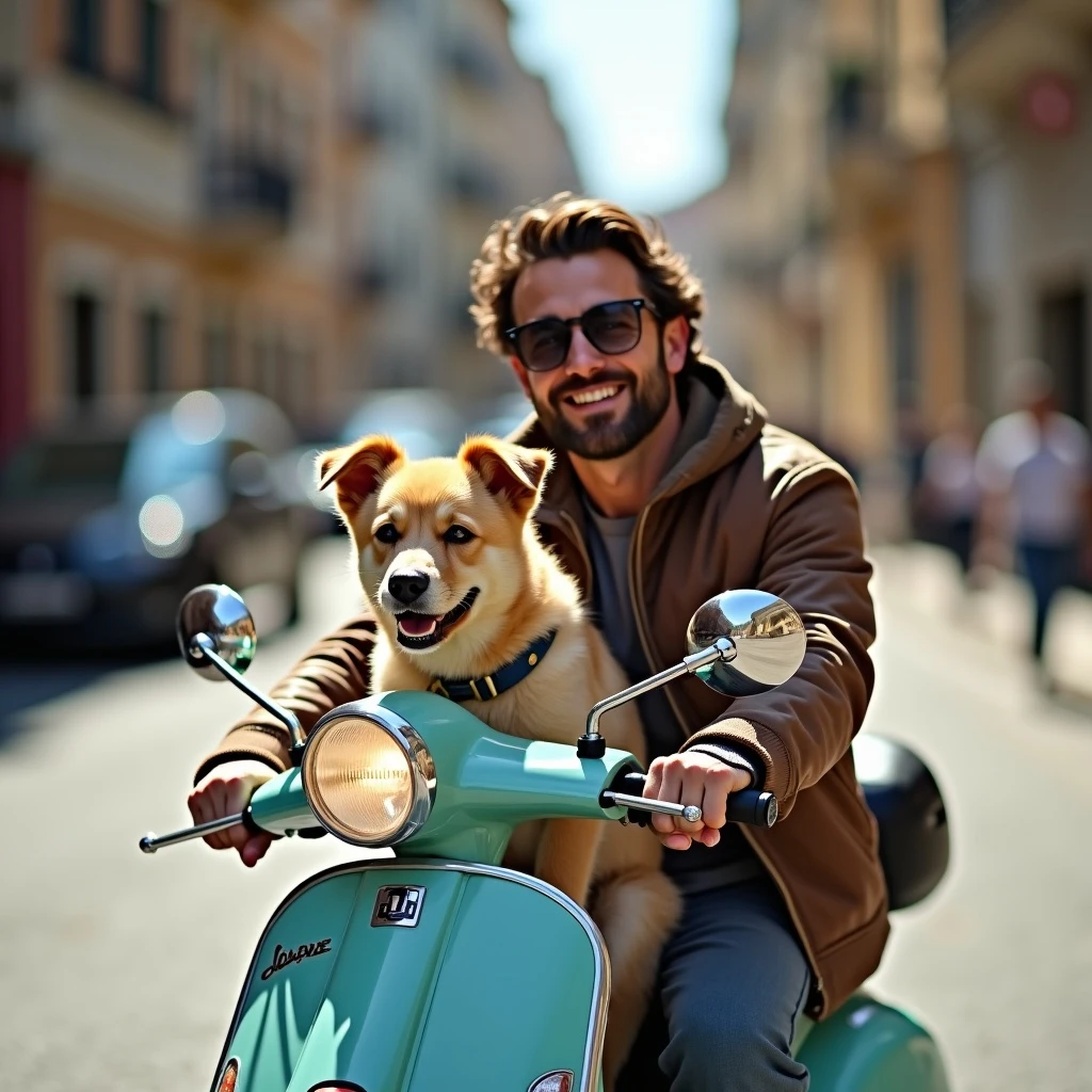 man and his pet dog riding a vespa emoji