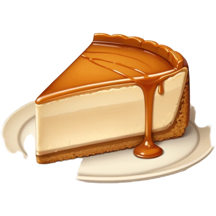 a slice of cheesecake. The base is made of light brown biscuit; the first layer of filling is caramelized dulce de leche, and the upper layer is creamy, light beige, and has a smooth texture. On top, there is a caramelized dulce de leche topping dripping down the center of the slice emoji