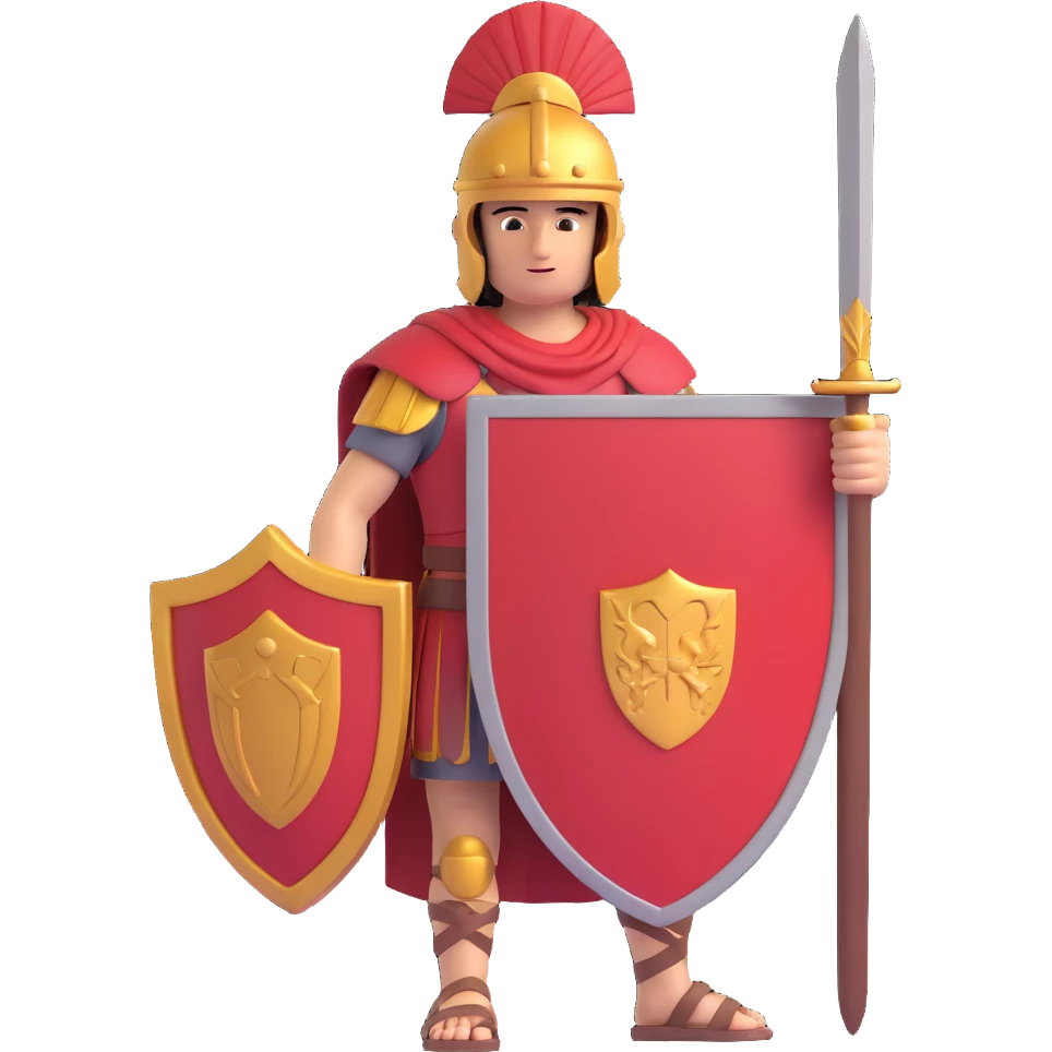 roman empire soldier, stylized, holding a rectangular scutum shield, crested helmet, sandals emoji