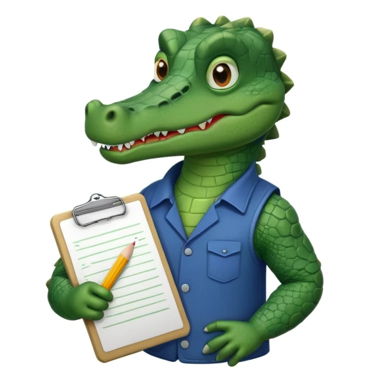 A gator with a serious face holding a clipboard and a pencil, offwhite background emoji