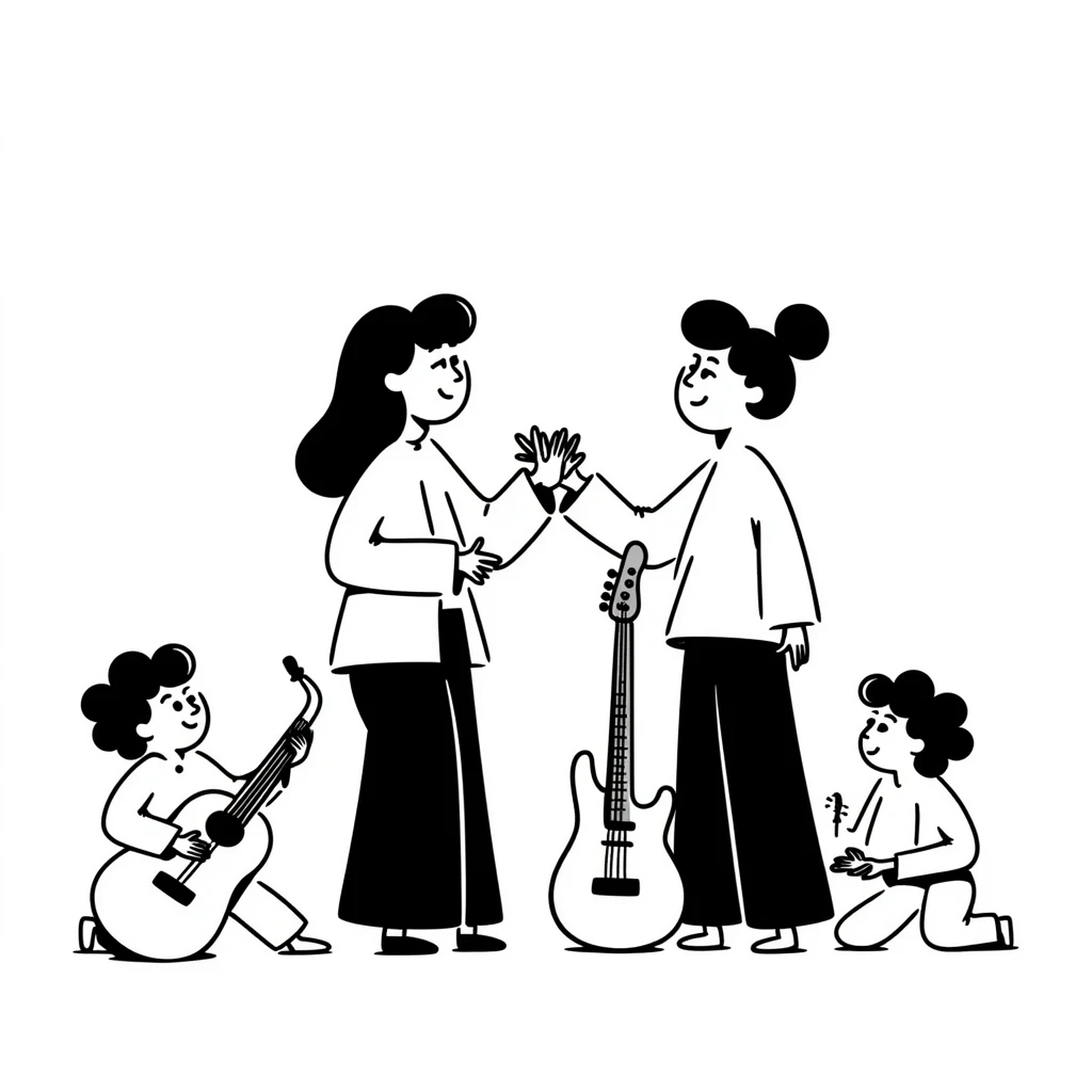 Two musicians of the same gender giving each other a friendly side hug, professional greeting, fraternal embrace, smiling, musical instruments nearby, colleagues congratulating each other emoji