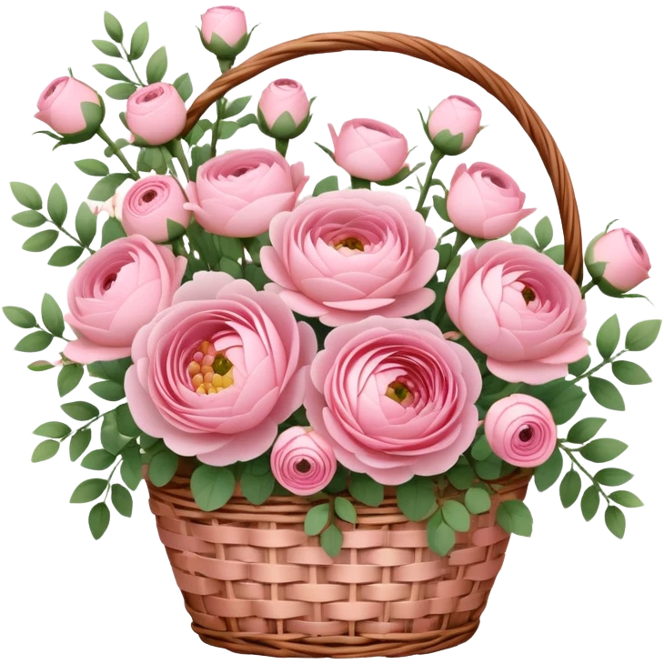 Delicate pink round bouquet in a basket, flowers in a basket: ranunculus, bush roses, single-headed roses and a blooming branch with delicate pink buds emoji