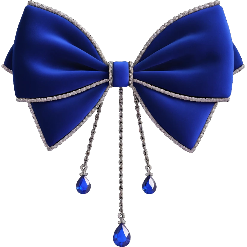 gothic bow, midnight blue velvet, silver chain, deep sapphire gemstone, ornate and dramatic emoji