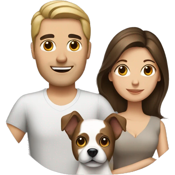 Brunette husband and wife with small white and brown dog emoji