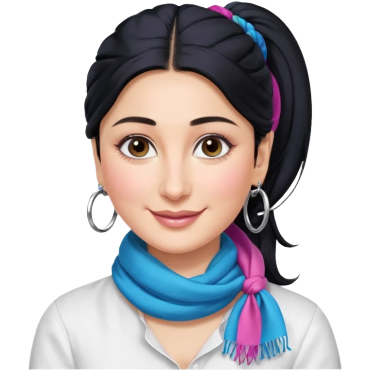 generate a pretty bratz emoji 
Make her wear a white shirt with a colorful blue-pink scarf wrapped around her neck. smiling big. Black hair tied into a side part ponytail, silver hoops and no necklace

She should look exactly  like Kareena Kapoor. kohl under eyes emoji