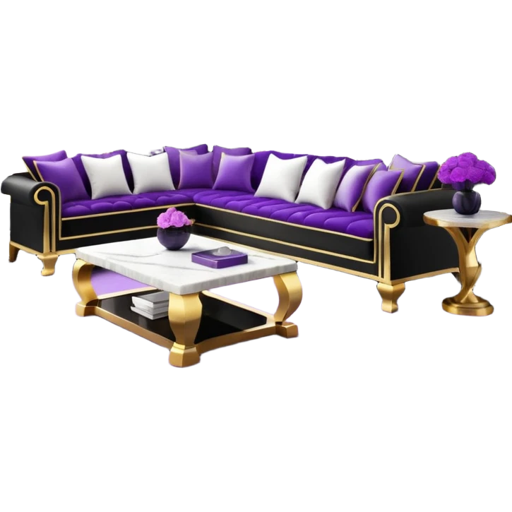 Luxurious black marble living room with gold and white accents and with a purple pillow  emoji