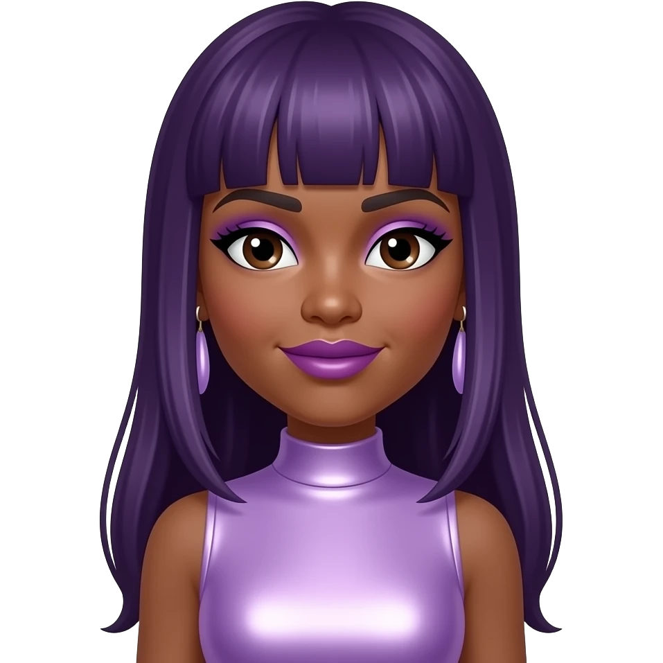 Breaunna "Babydoll" Womack from OMG Girlz with dark skin, dark brown eyes, long purple bang hair, purple eyeshadow, purple lipstick, lilac metallic high neck dress, earrings emoji