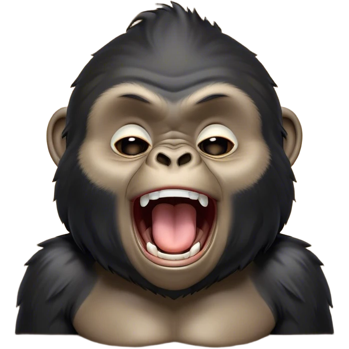 Cinematic Cute Yawning mountain Gorilla Portrait Emoji, Head tilted slightly with a dramatic, wide-open yawn, showcasing a formidable build with a black and greyy mane and drowsy, half-closed eyes, Simplified yet irresistibly adorable features, highly detailed, glowing with a soft, cozy jungle glow, high shine, relaxed yet expressive, stylized with a dash of whimsical primate charm, soft glowing outline, capturing the essence of a drowsy yet affectionate guardian that appears ready to stretch out for a nap! emoji