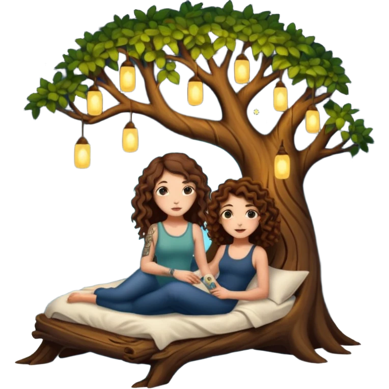 hollow tree bed — long wavy brown hair tattooed woman and short tight curly brown hair woman — firefly night lights emoji