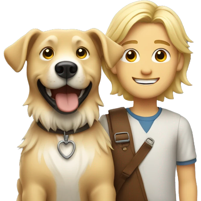 smiling blonde boy with beard and long hair with dog indoors emoji