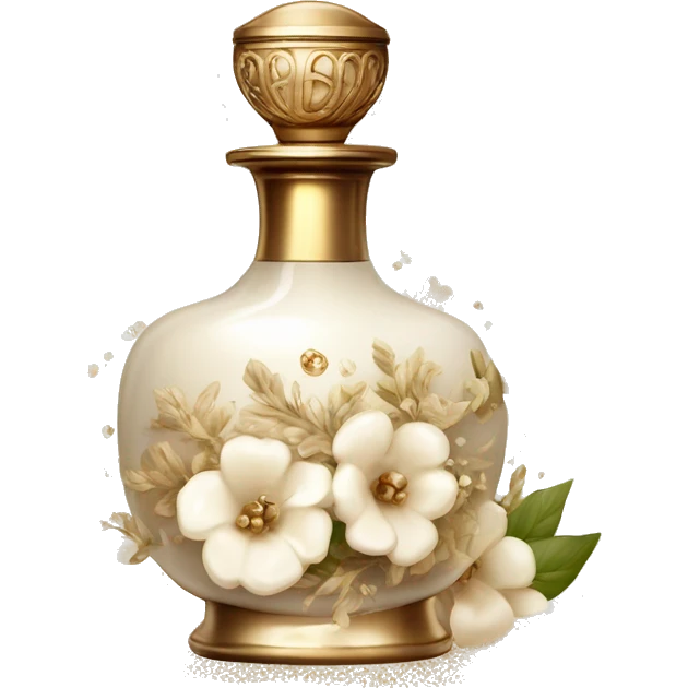 Vintage perfume bottle in antique Greek style, white and beige, oil perfume inside, sequins and flowers fluttering around emoji