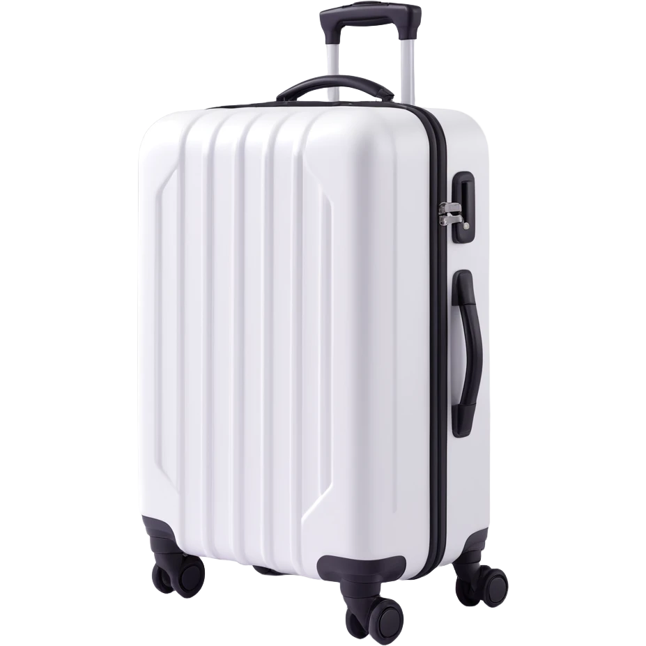 white suitcase on wheels, metallic with vertical ribs, telescopic handle, no black inserts, pure white color, soft shadows and highlights, 3D Emoji style, transparent background emoji