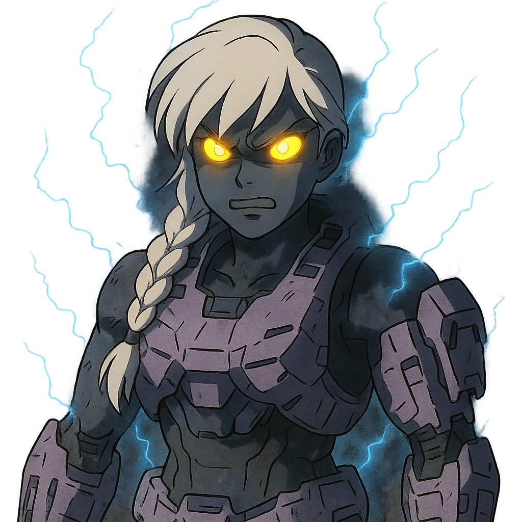 female, wearing reach spartan armor shoulder-unequip, long white braid hair with massive messy front side single bangs, gold yellow eyes, attention pose, D-cup size, HALO:series, no helmet, the armor is lavender color scheme, eyes glowing, demon eye, gleam, rage aura, body steaming dark gray, blue electricity, mouth clowed scowling emoji