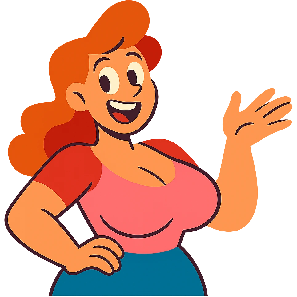 una mujer con mucho busto, estilo cartoon vibrante, colores vivos, expresión alegre, sin fondo emoji