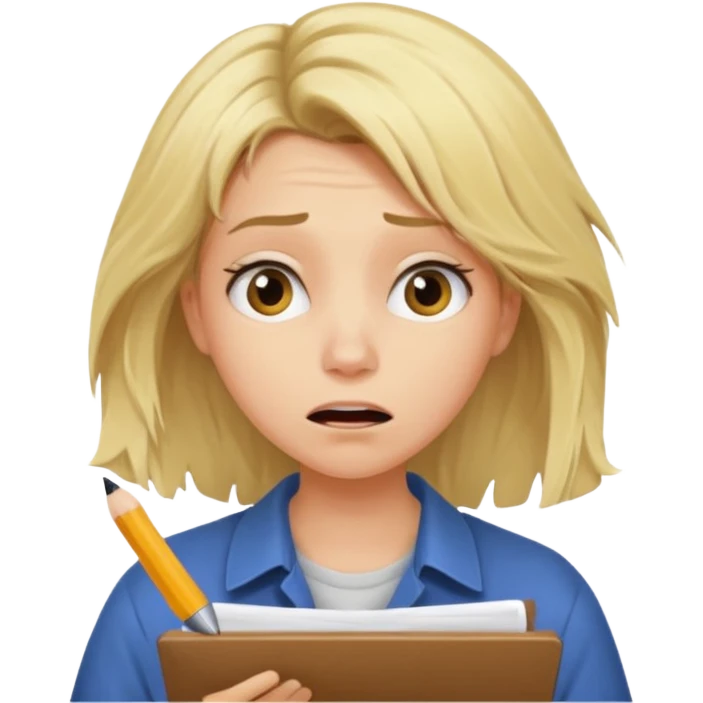 young blonde disheveled hair woman is writing an exam in panic emoji