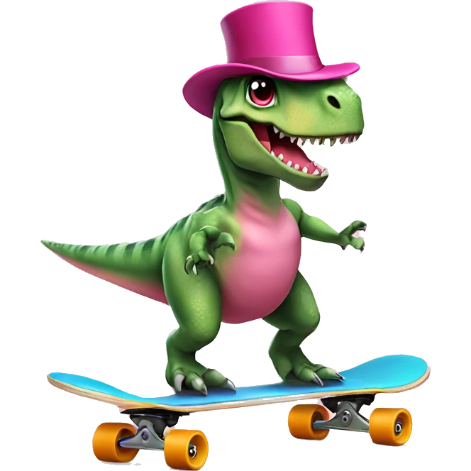 Dinosaur on skateboard with pink top hat emoji