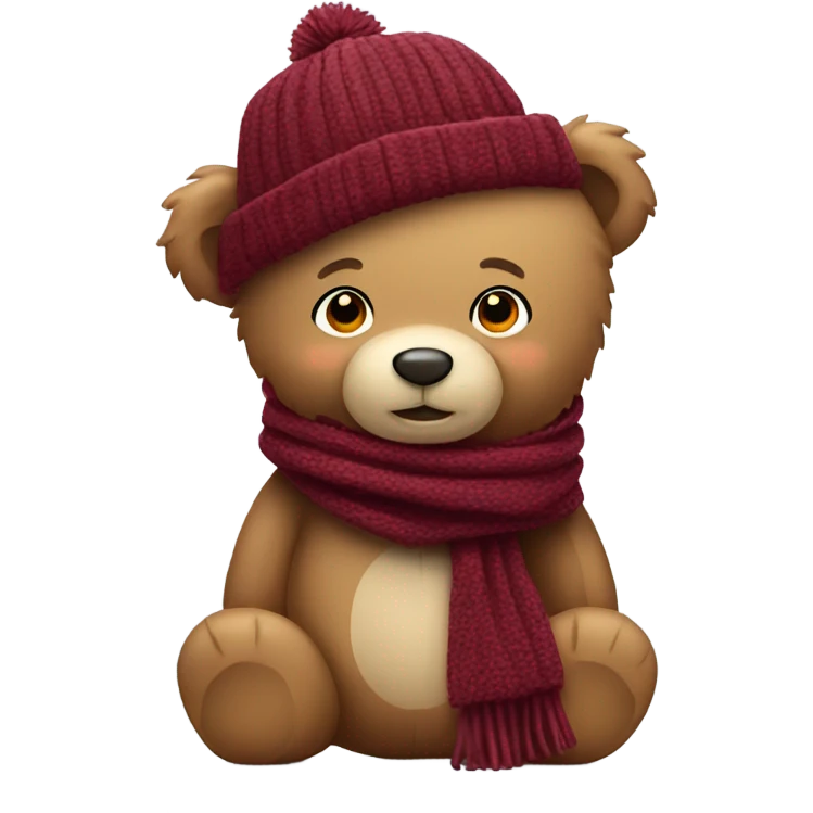 Standing Teddy bear with burgundy winter hat and scarf emoji