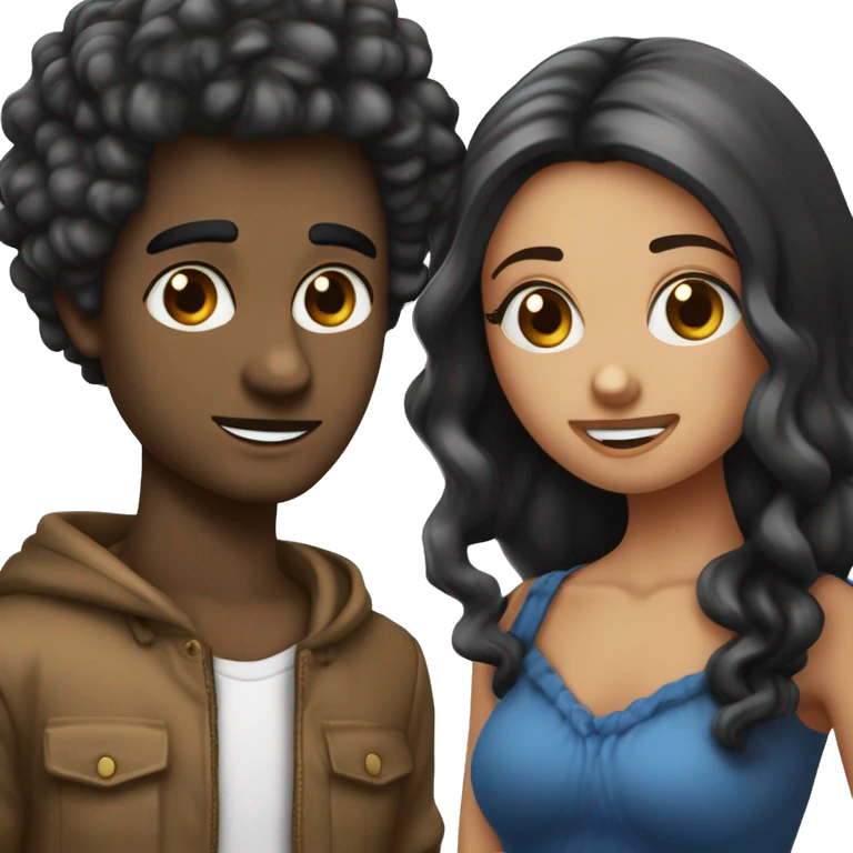 Créé des amoureux qui marche ne filles veux des yeux bleus avec les cheveux noirs lisse et un garçon bronze avec les cheveux bouclés noir et les yeux noirs  emoji
