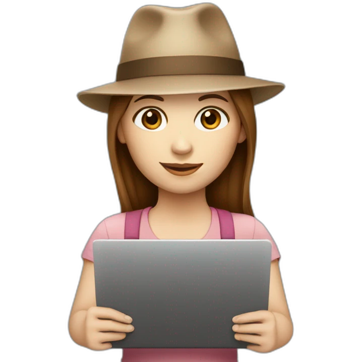 white skin, Girl with a hat, brown hair straight to the shoulders, holding a laptop emoji