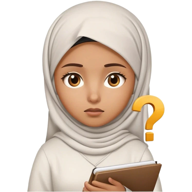 muslim girl writing in notebook, with confusion, emoji question emoji