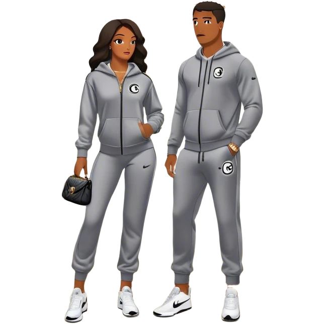 Man living his dream standing in the master bedroom of a mansion. He’s boo’d up with a pretty Brownskin big booty woman wearing a Chanel outfit and Bvlgari watch with her holding a Chanel bag. The man has on a Nike Tech Fleece sweatsuit. The man isn’t holding a bag emoji