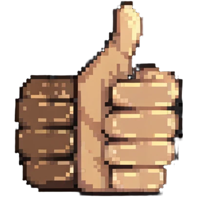 Thumbs up hand with dark skin and light skin highlights, pixelated style emoji