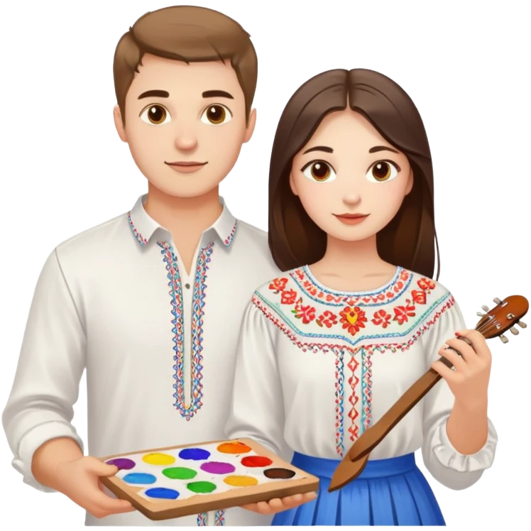 a guy in a white Ukrainian embroidered shirt and a girl in a white Ukrainian embroidered shirt, holding music and a paint palette emoji