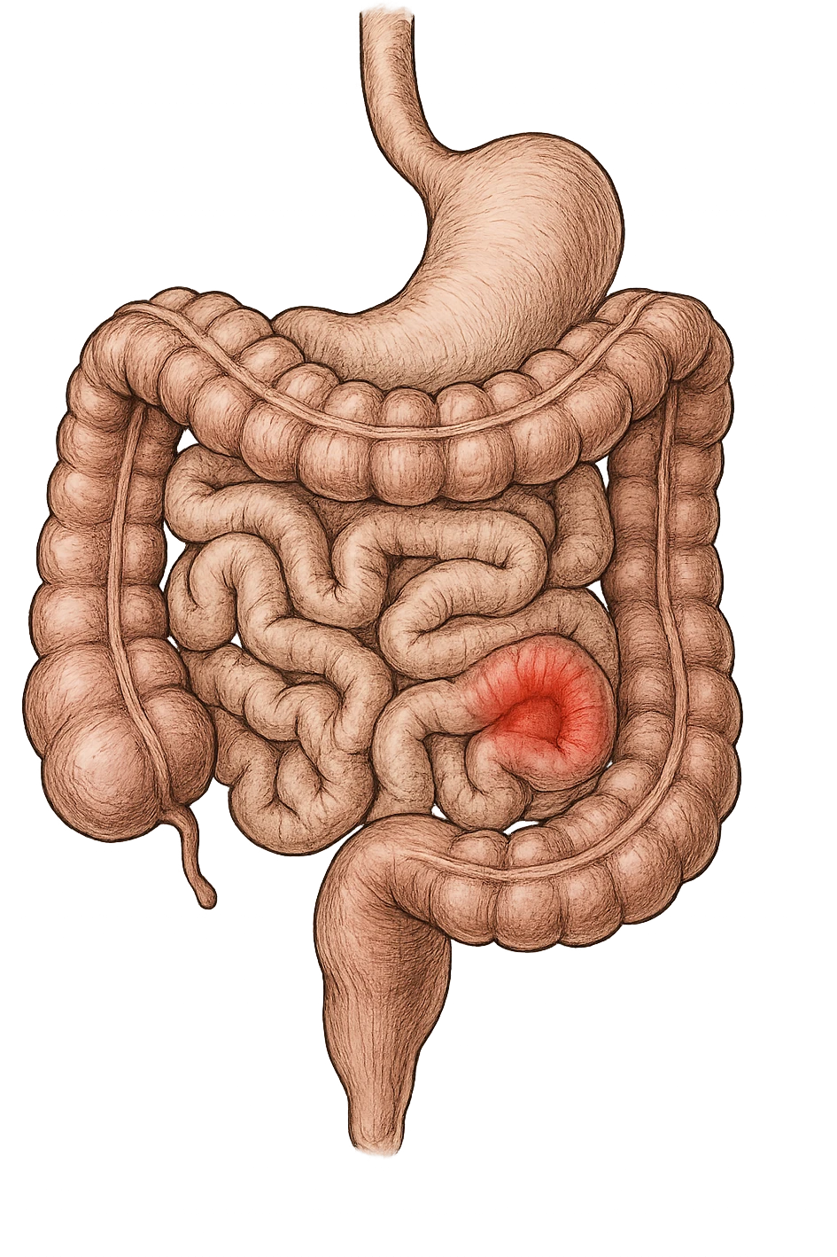 intestino anatomico realistico con red spot di infiammazione emoji