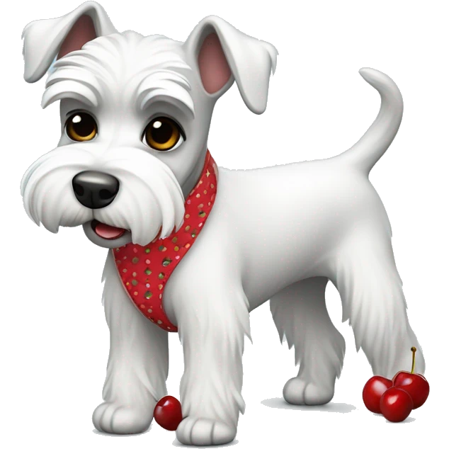 White fun mini schnauzer wearing pants with cherries emoji