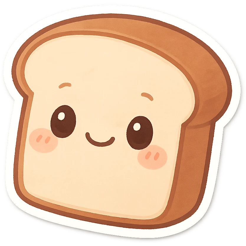 slice of bread with a smiling face, chibi sticker style, cute and exaggerated emoji